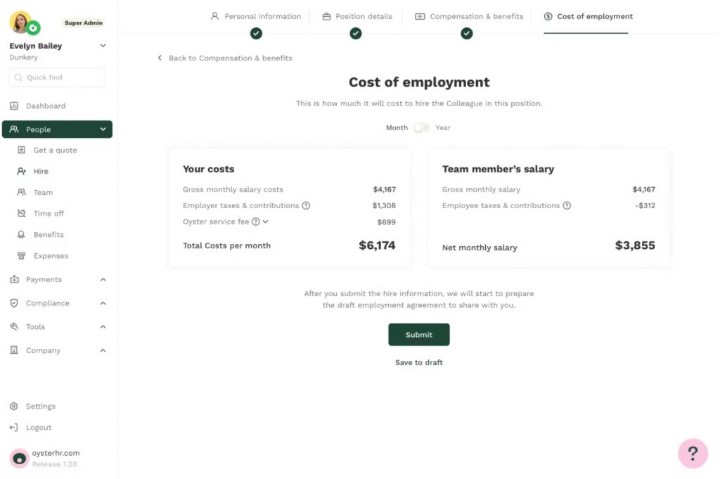 oyster hr cost of employment